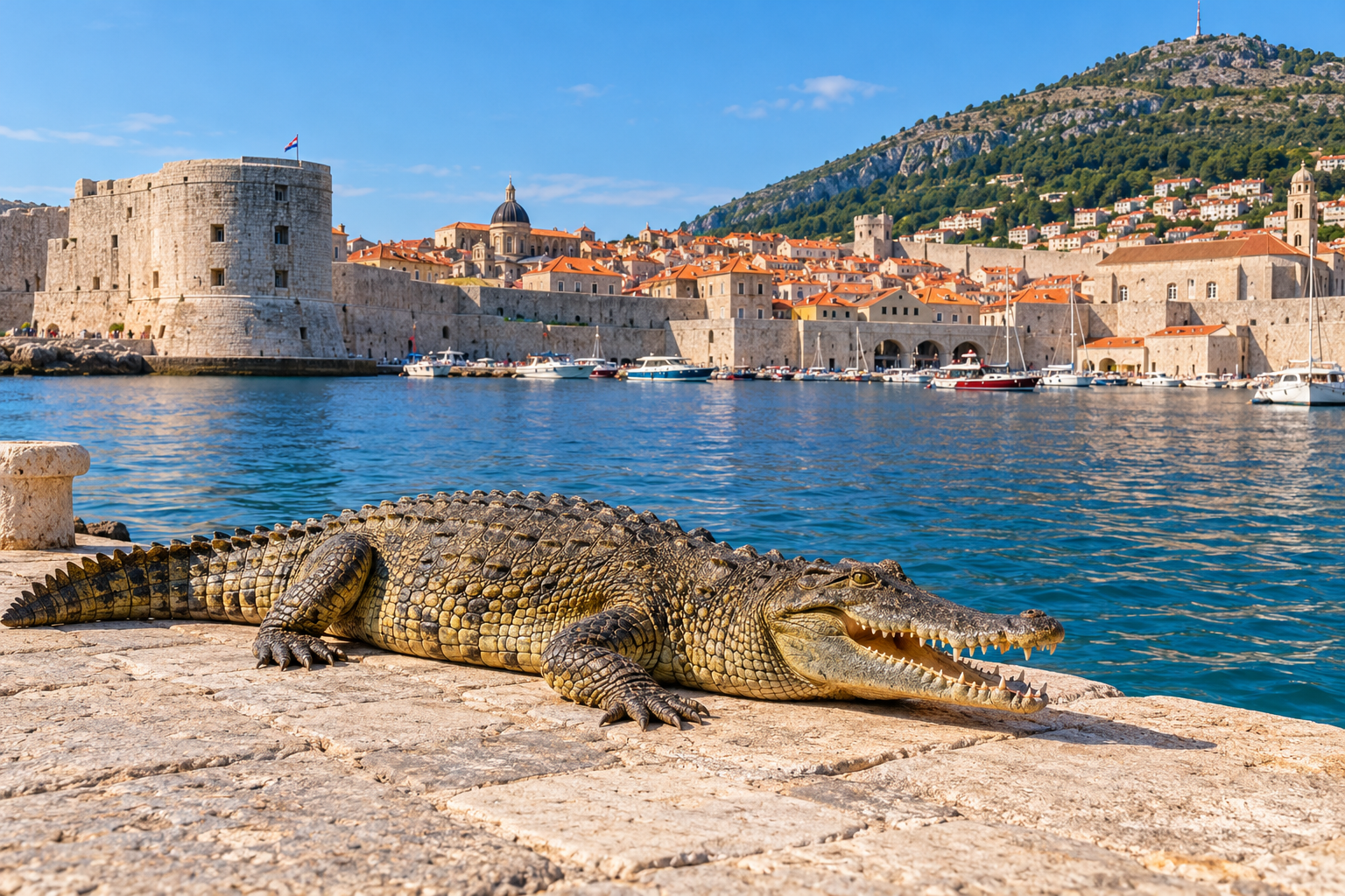Krokodil leži na kamenom molu pred Starim portom i zidinama Dubrovnika.
