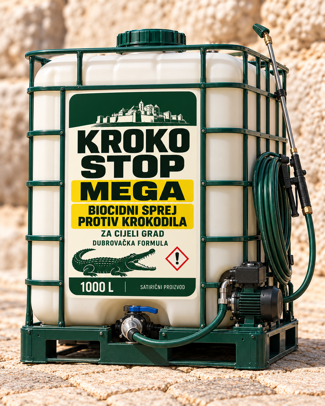Kroko Stop Mega. Biocidni sprej protiv krokodila za cijeli grad. Dubrovačka formula. Spremnik od 1000 L s pumpom, crijevom i prskalicom.